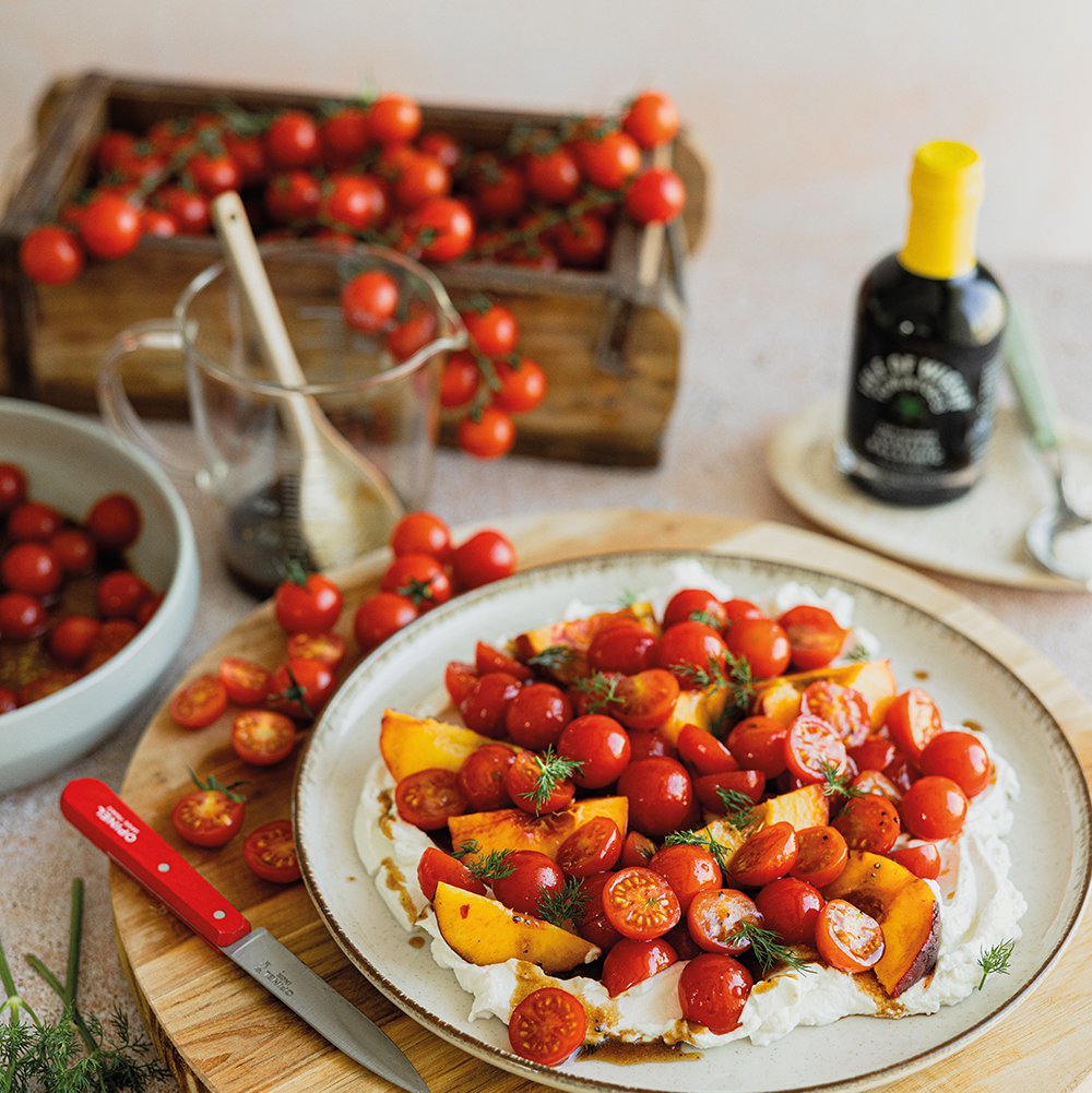 Cherry tomato and peach salad with balsamic vinaigrette