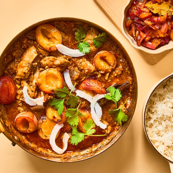 Chicken apricot curry with stone fruit chutney