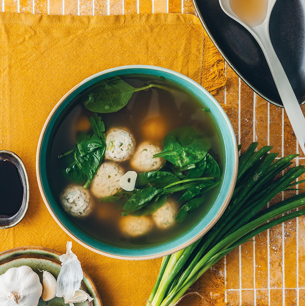 Chinese clear broth with chicken meatballs