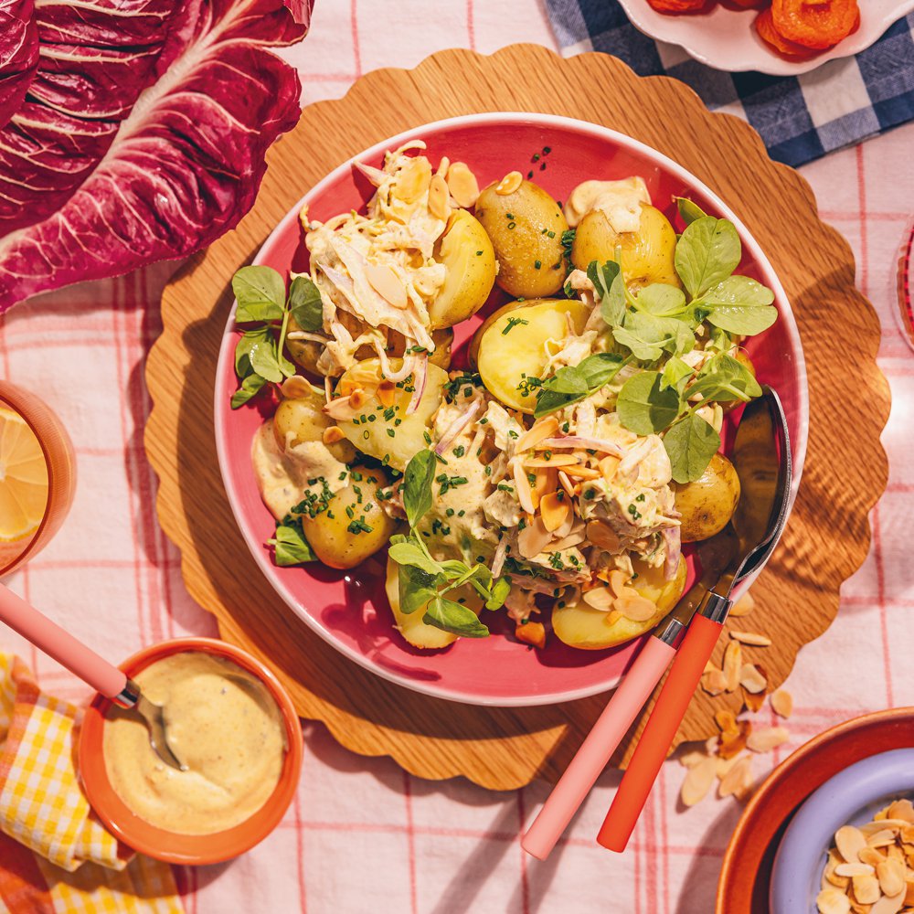 Coronation chicken and Jersey royal potato salad
