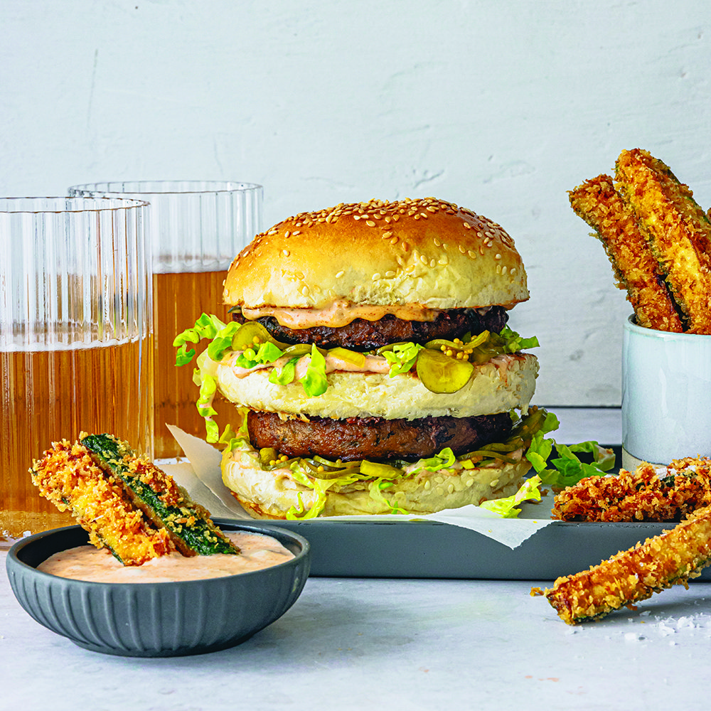 Double-stacked chipotle lentil burgers with courgette fries