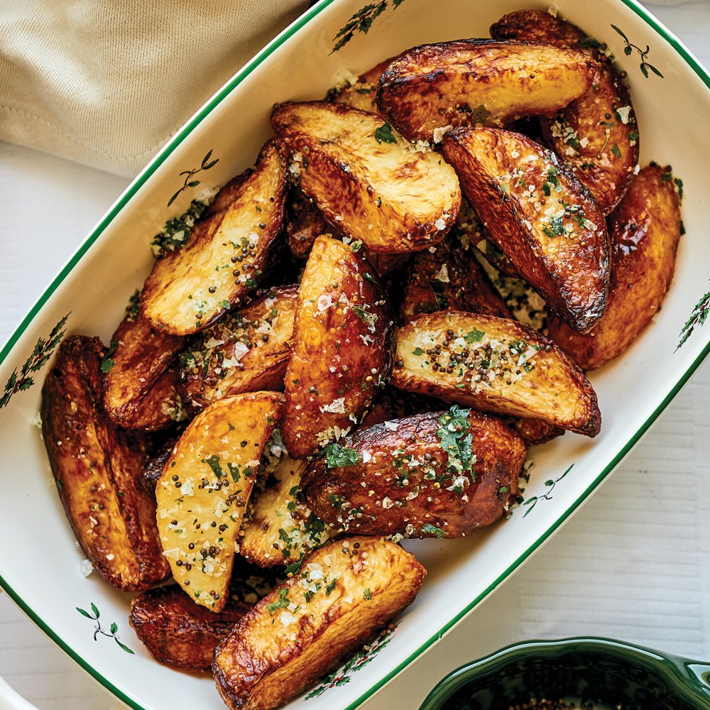 Duck-fat roasted potatoes with curry leaf and mustard seed salt
