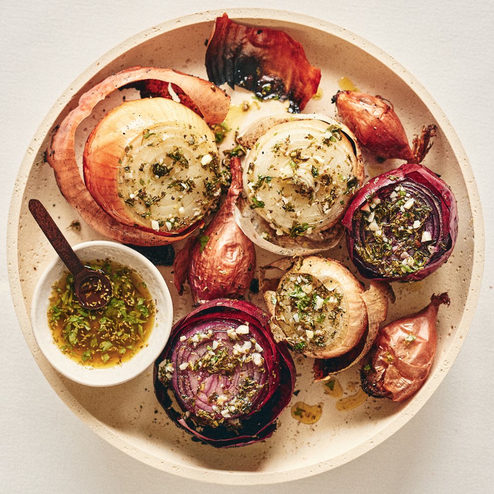 Ember-roasted onions with salmoriglio