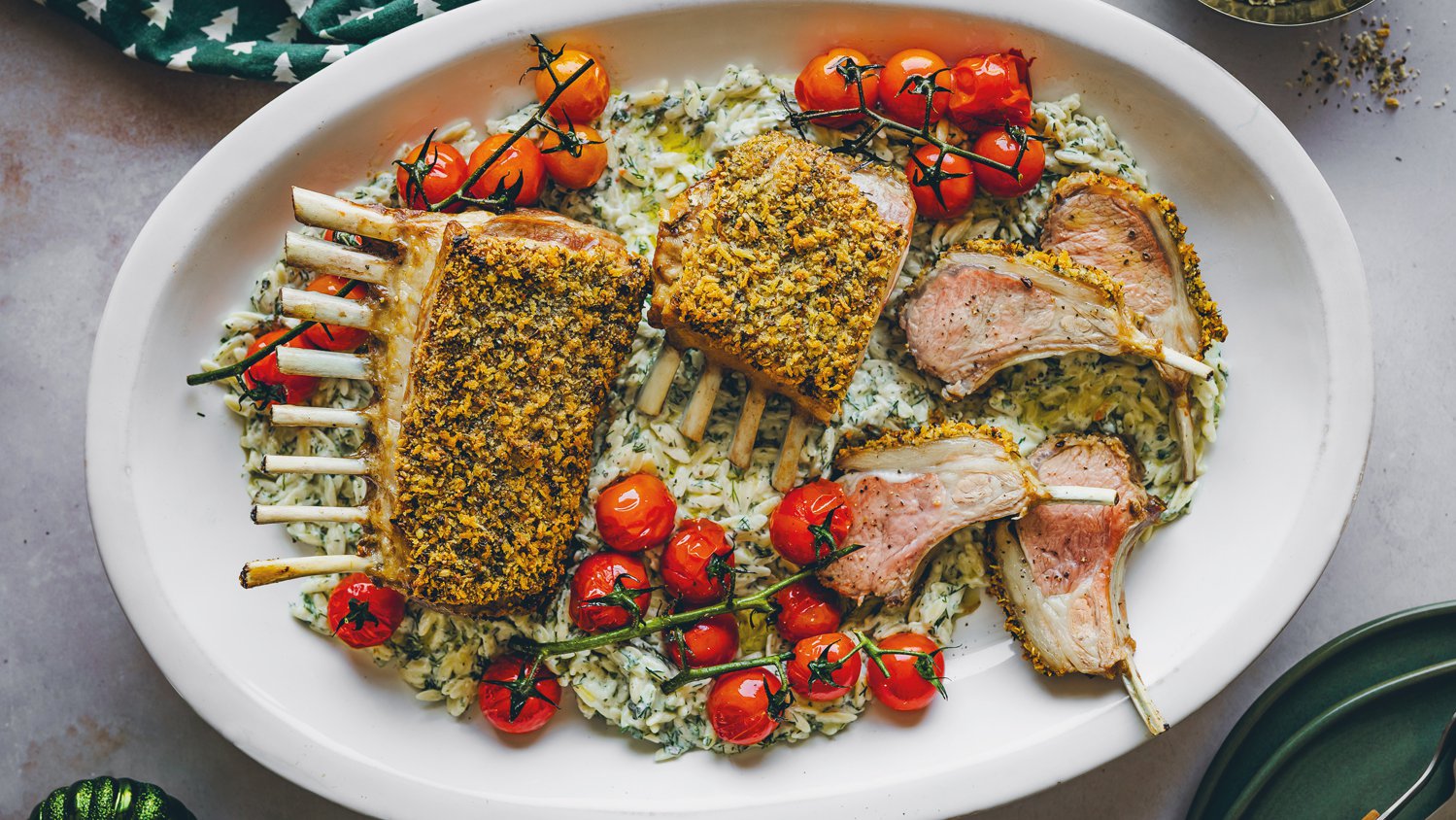 Falafel-crusted lamb rack with herby yoghurt orzo