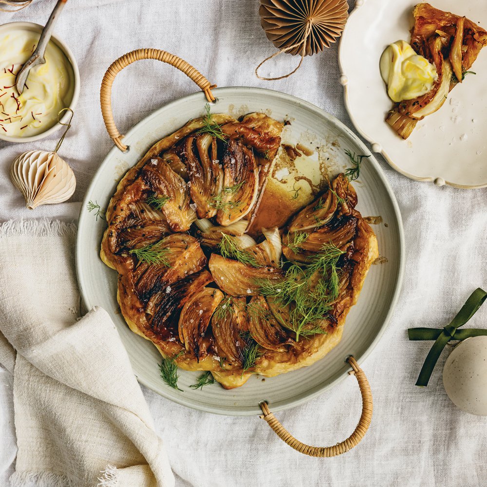 Fennel tarte tatin with saffron yoghurt