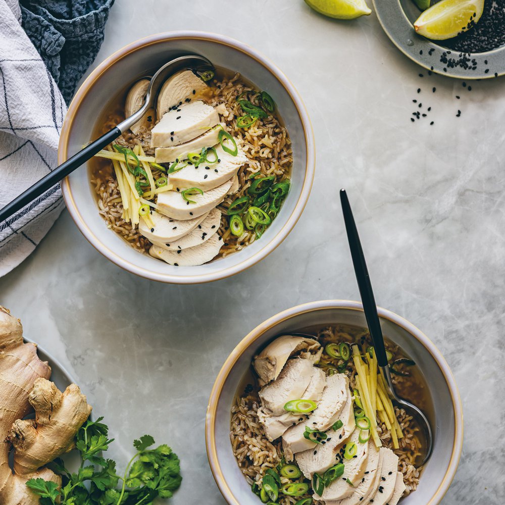 Ginger-poached chicken with brothy rice