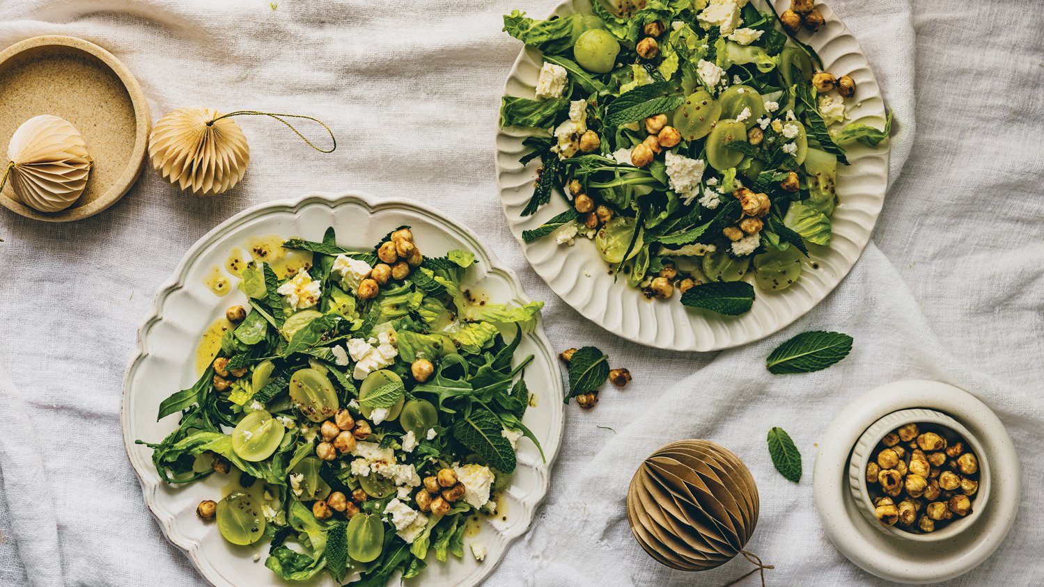 Grape, feta and mint salad with candied hazelnuts