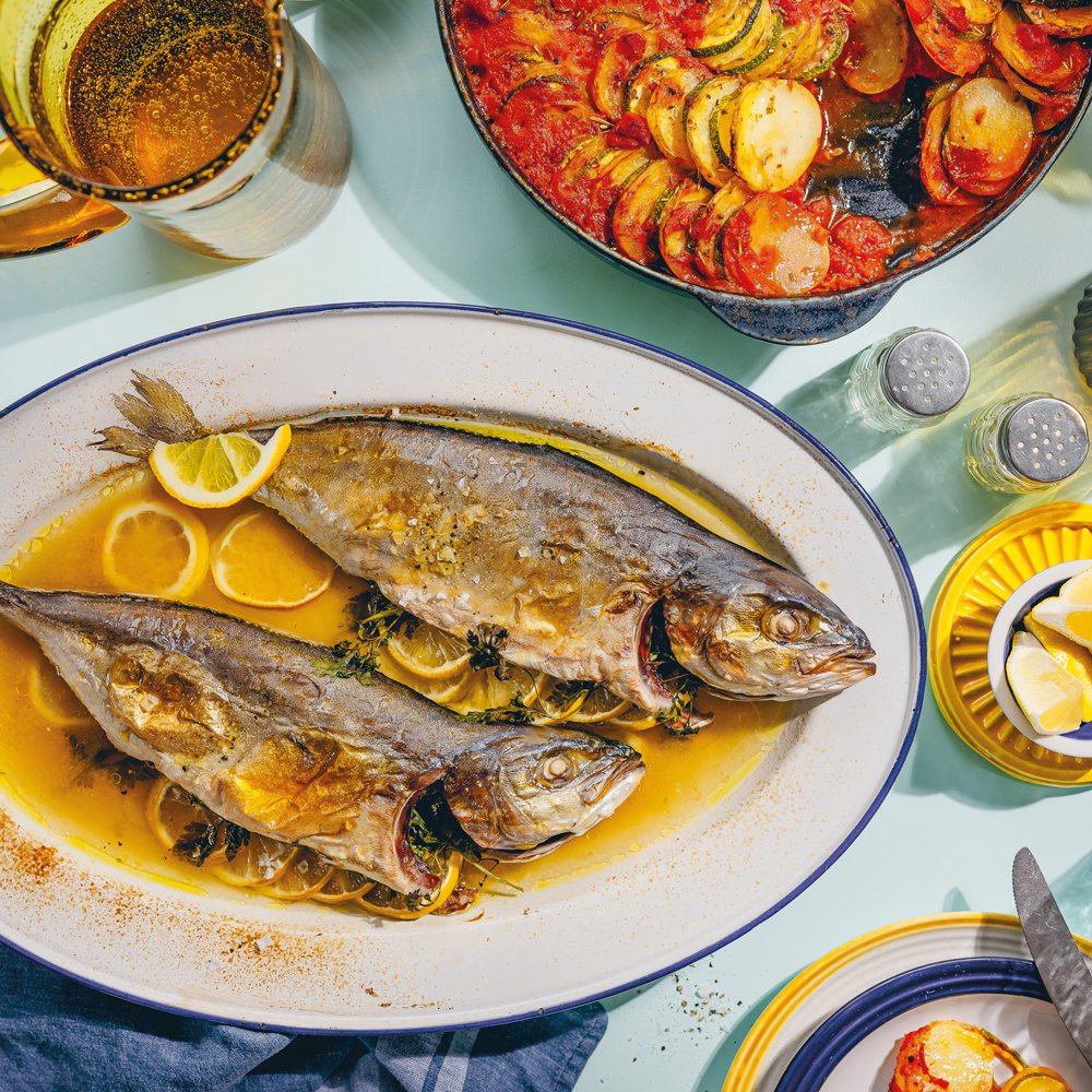 Greek-style lemon-stuffed sea bass with briam
