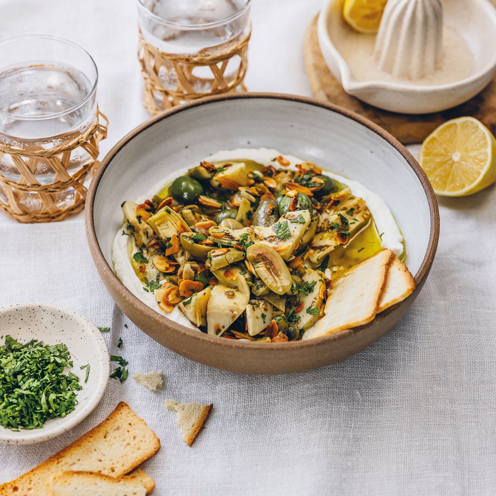 Green olive and artichoke salad with ricotta