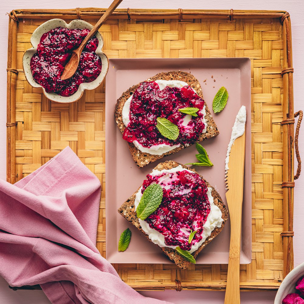 Healthy dragon fruit jam and labneh toast