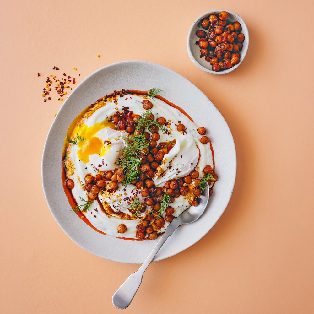 High-protein Turkish eggs with spiced chickpeas and whipped honey feta