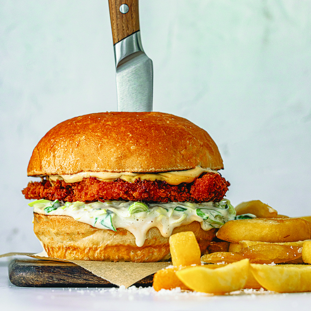 Katsu chicken burgers with slaw and fries