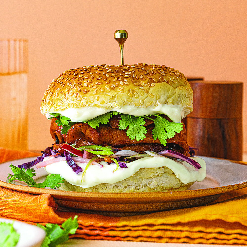 Korean fried seitan burger with gochujang and pickled slaw