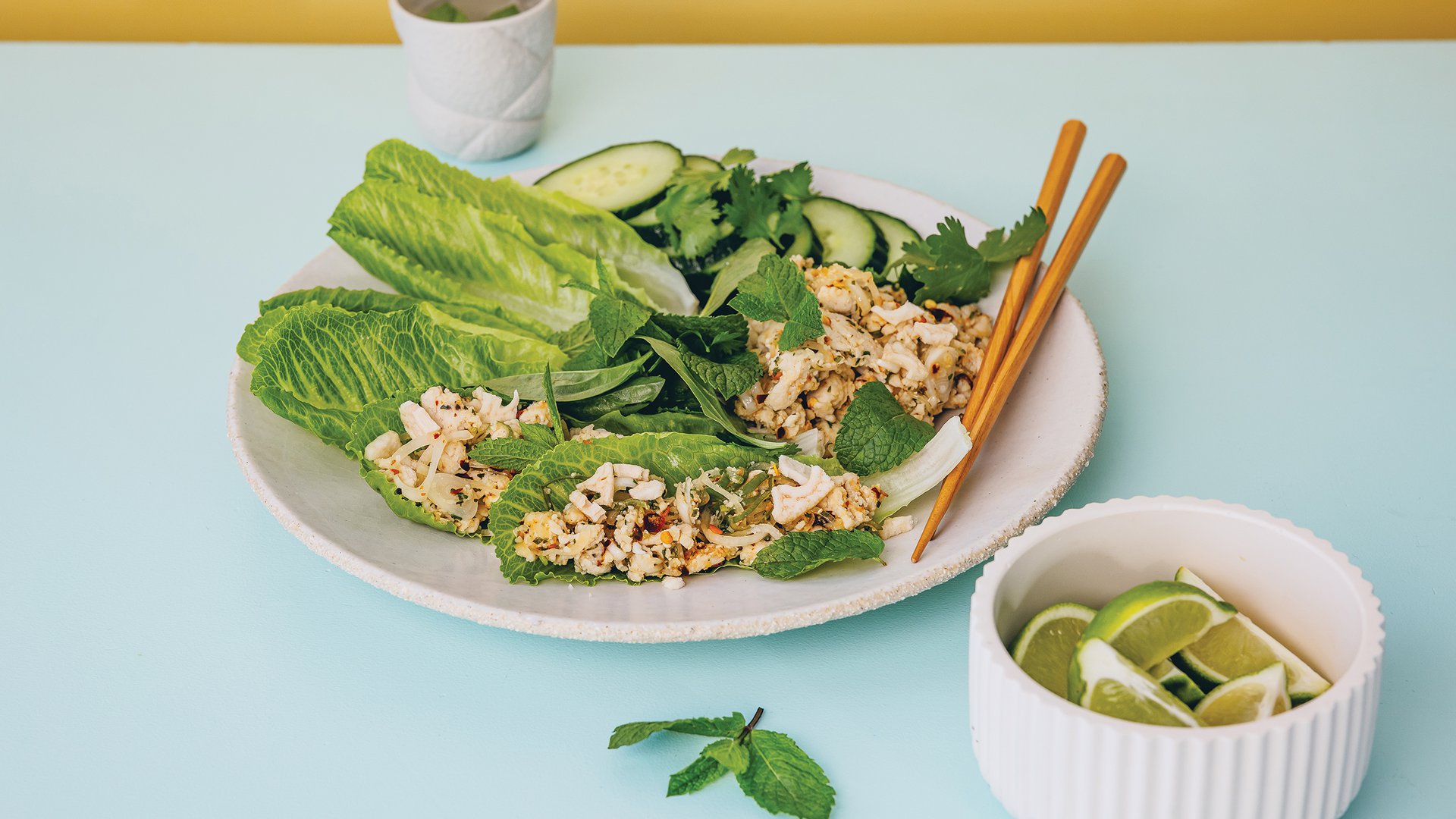 Larb with crunchita lettuce and lotus chips
