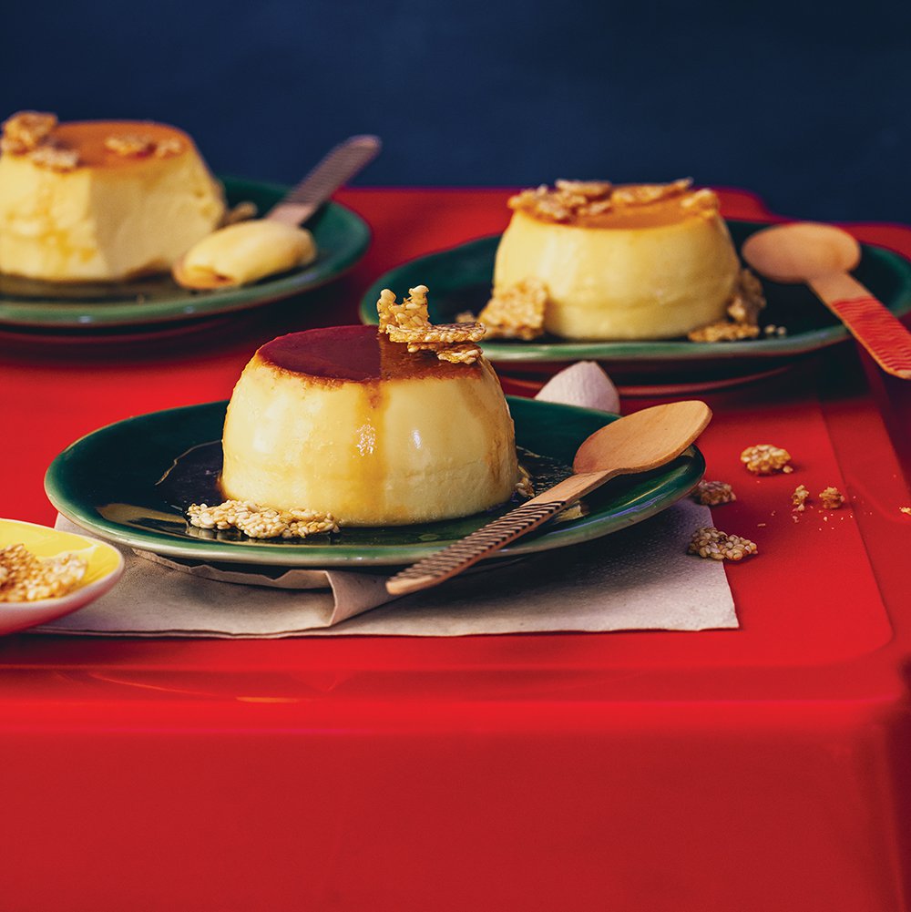 Leche flan with sesame praline