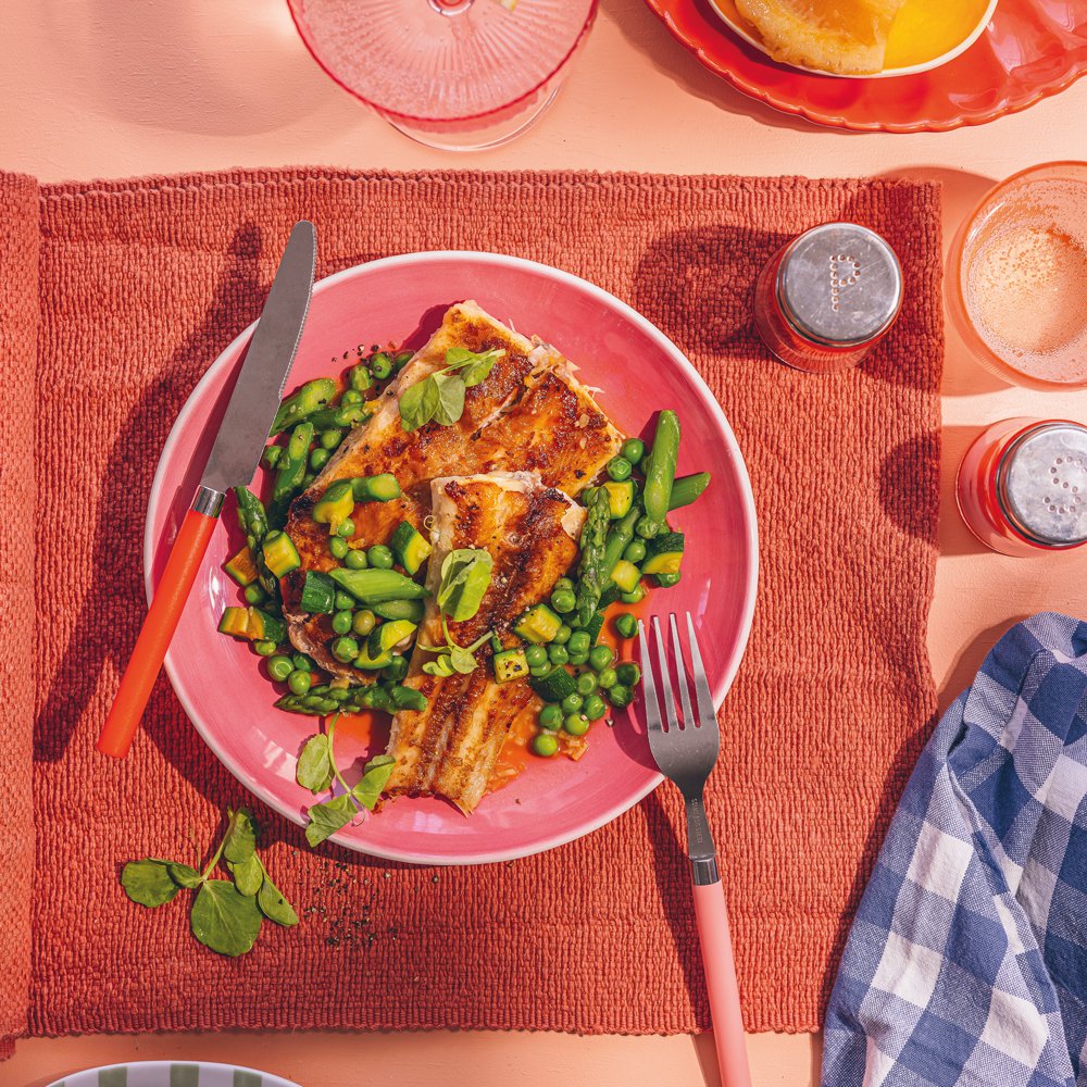 Lemon sole with spring vegetables and butter sauce