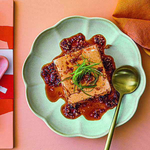 Loaded silky tofu with chilli oil and crispy onions