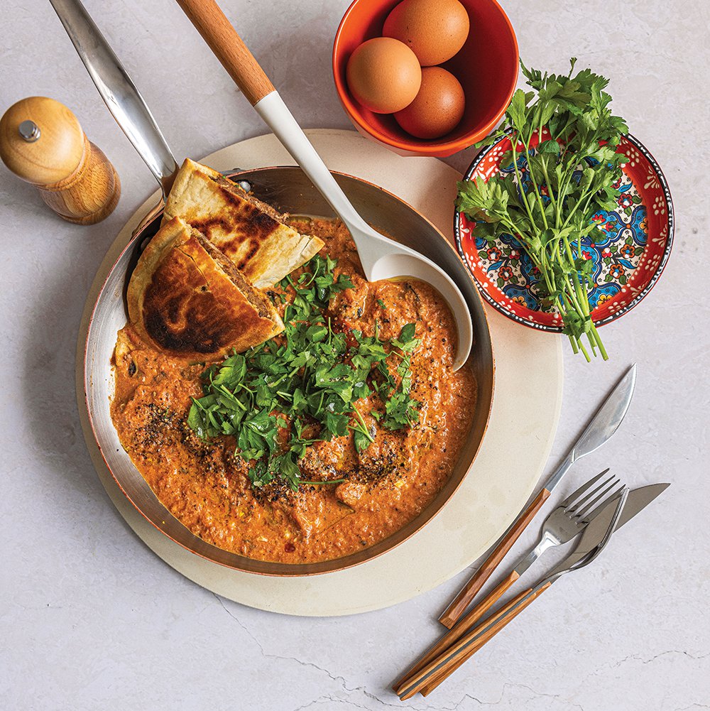 Mirza ghasemi with stuffed flatbread