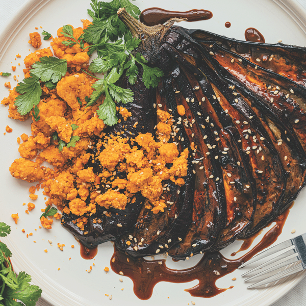 Miso-roasted aubergine steaks with gochujang crumble