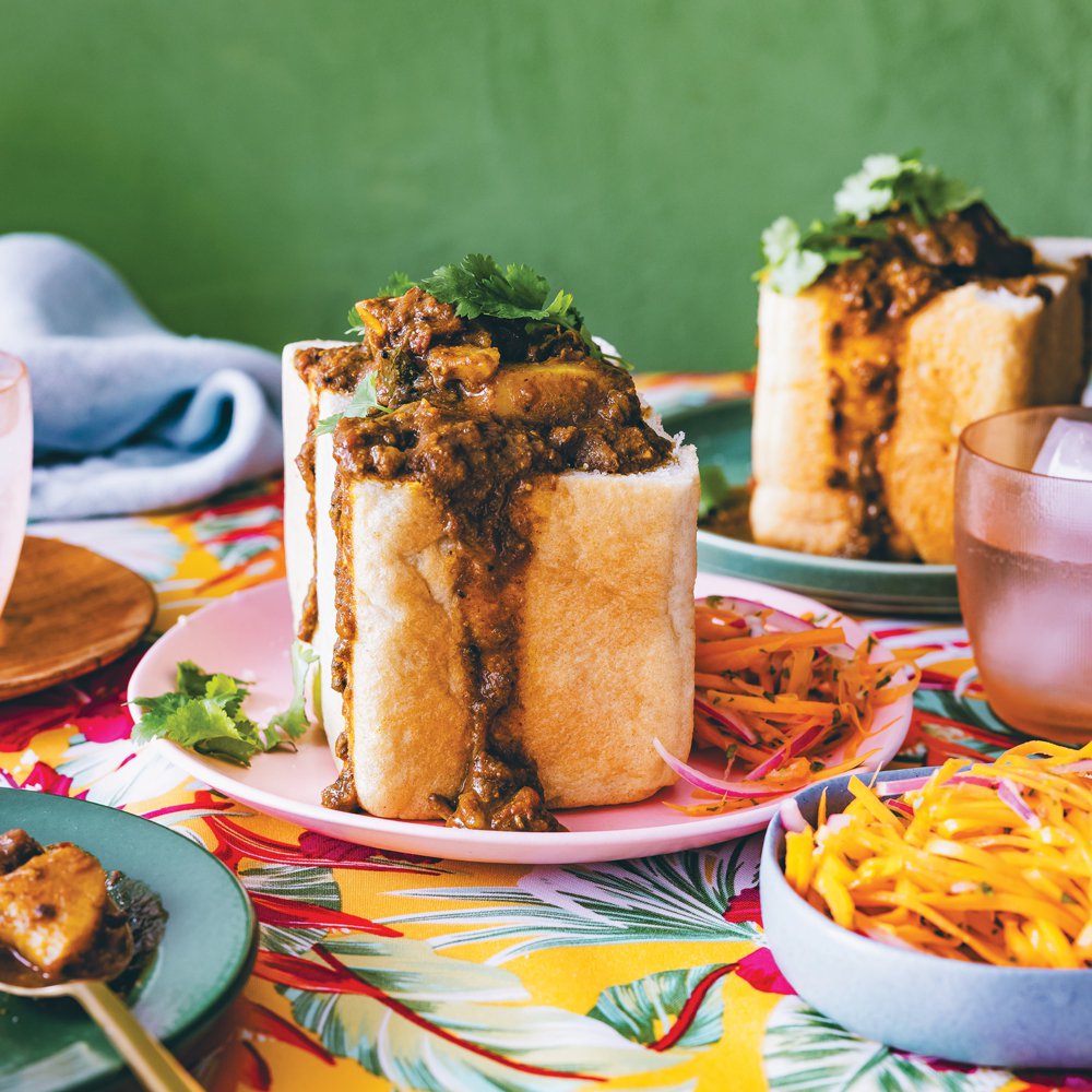 Mutton bunny chow with carrot relish