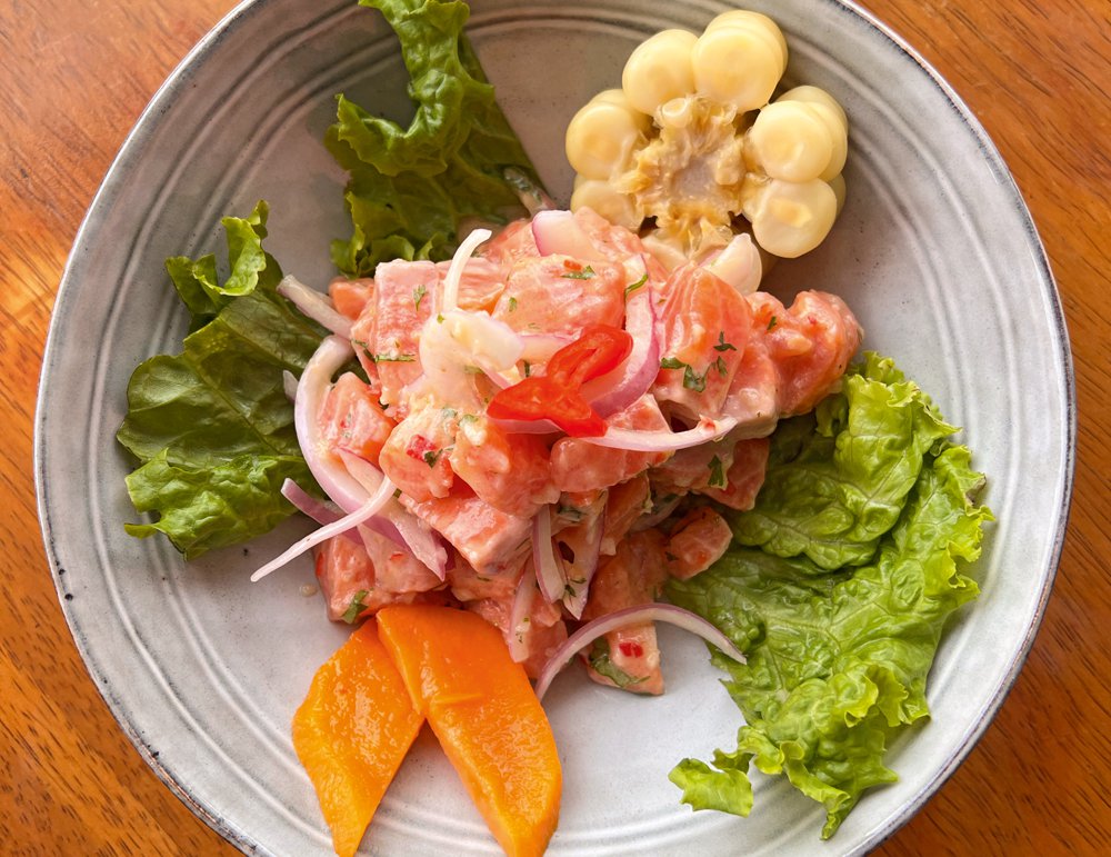 Home-made trout ceviche with corn, lettuce, sweet potato, chilli and plenty of lime at Mama Seledonia’s cooking class