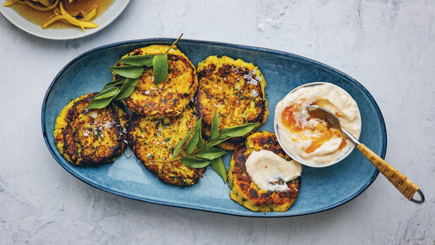 Pickle fish cakes with apricot amasi