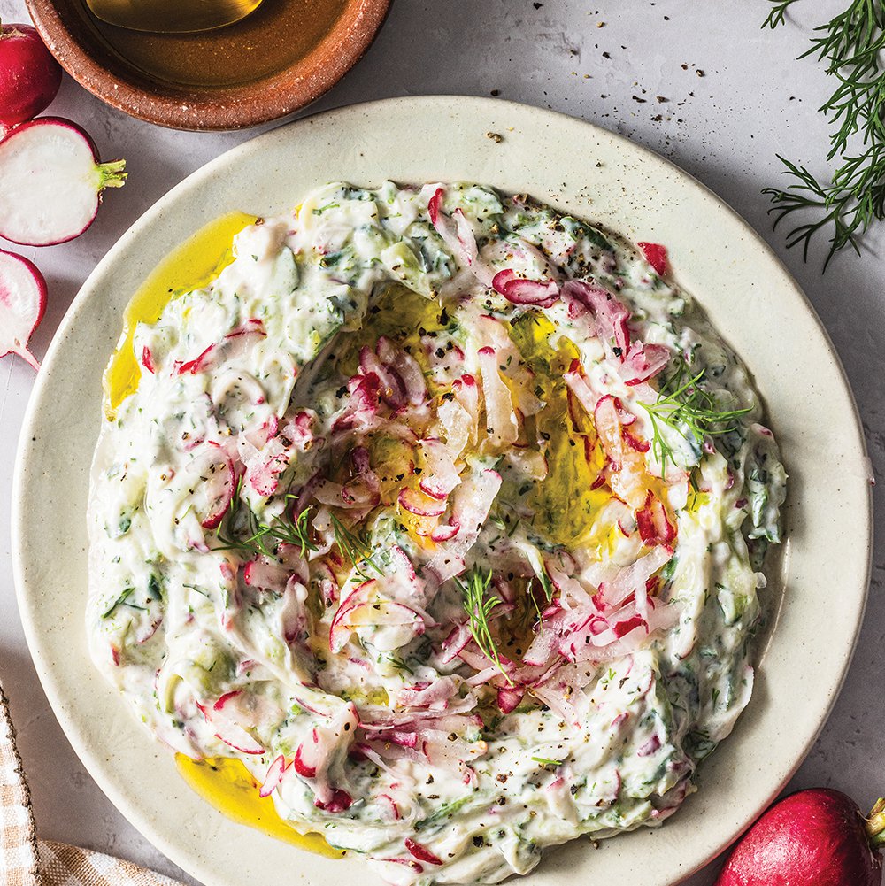 Pink radish yoghurt tzatziki