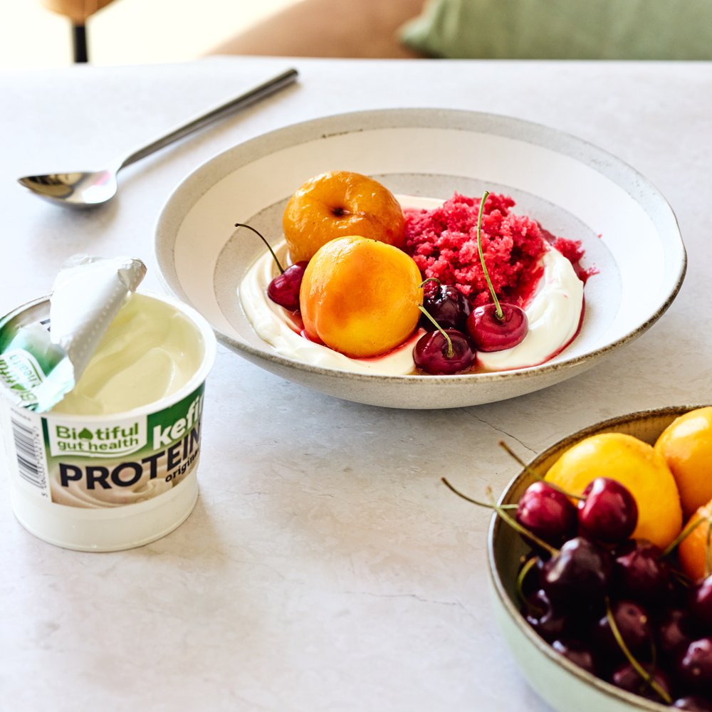 Poached stone fruit with Biotiful protein kefir and raspberry granita