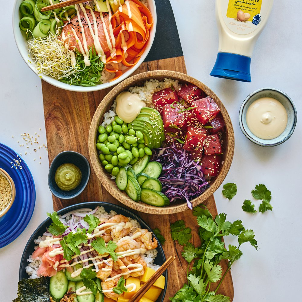Poke bowls with pickled ginger mayo drizzle