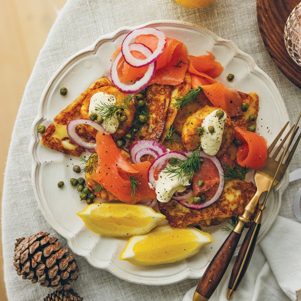 Potato and halloumi rosti with smoked trout