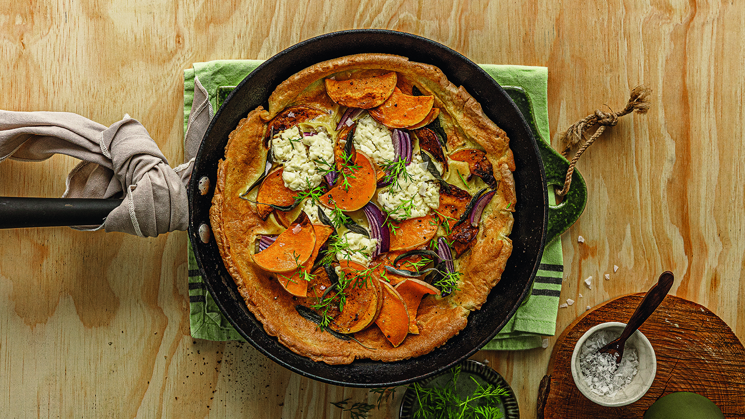 Pumpkin and red onion cottage cheese Dutch baby frittata