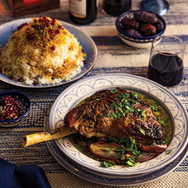 Roasted laban lamb leg with Afghani vermicelli rice