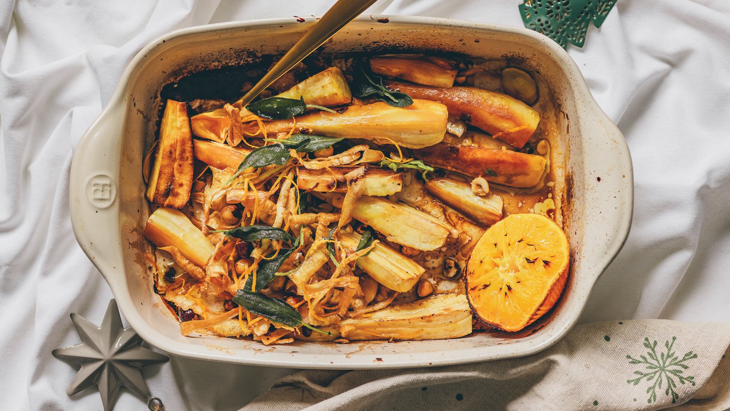 Roasted parsnips with orange, sage and hazelnuts