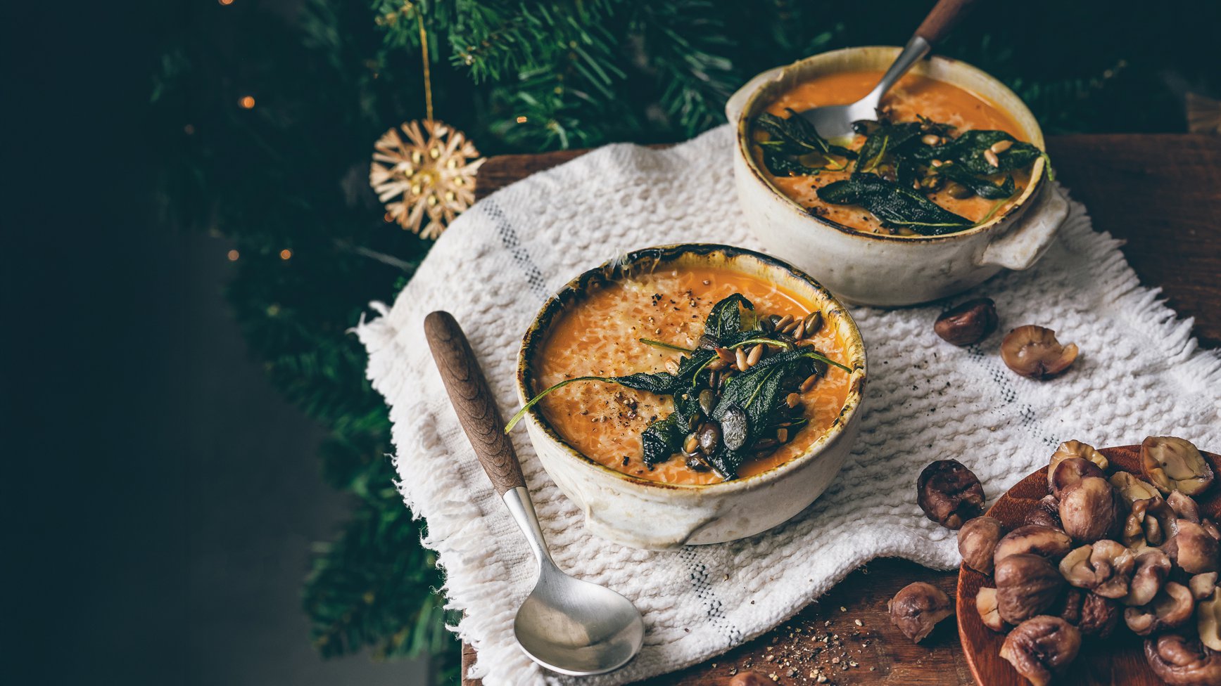 Roasted pumpkin and chestnut soup with crispy sage