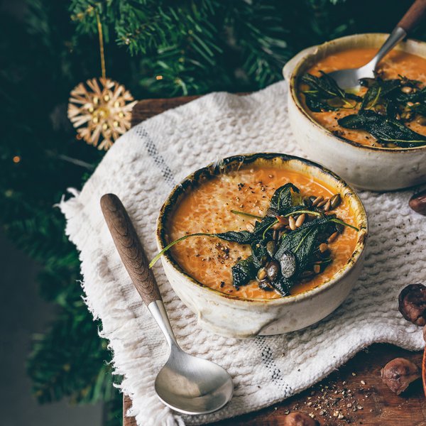 Roasted pumpkin and chestnut soup with crispy sage