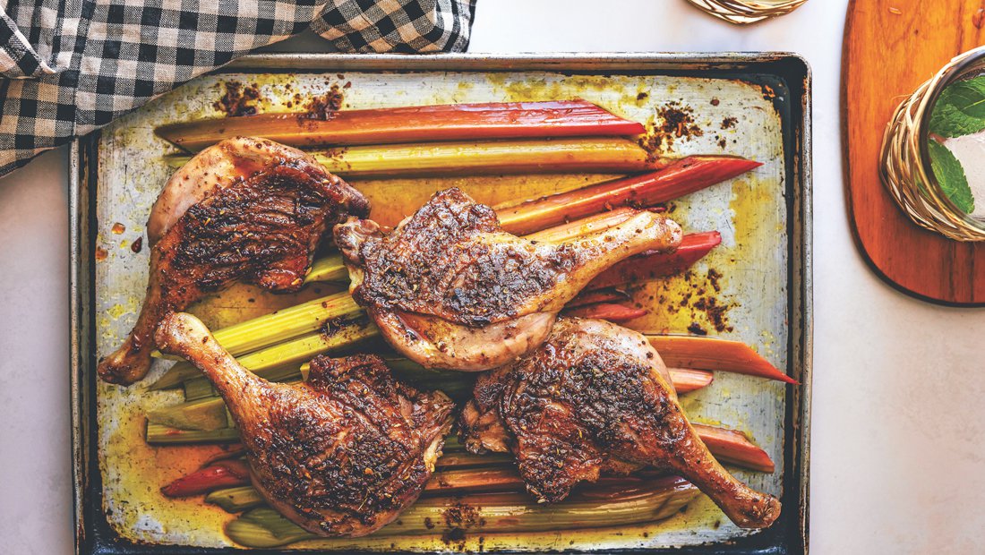 Roasted rhubarb with Sichuan pepper duck