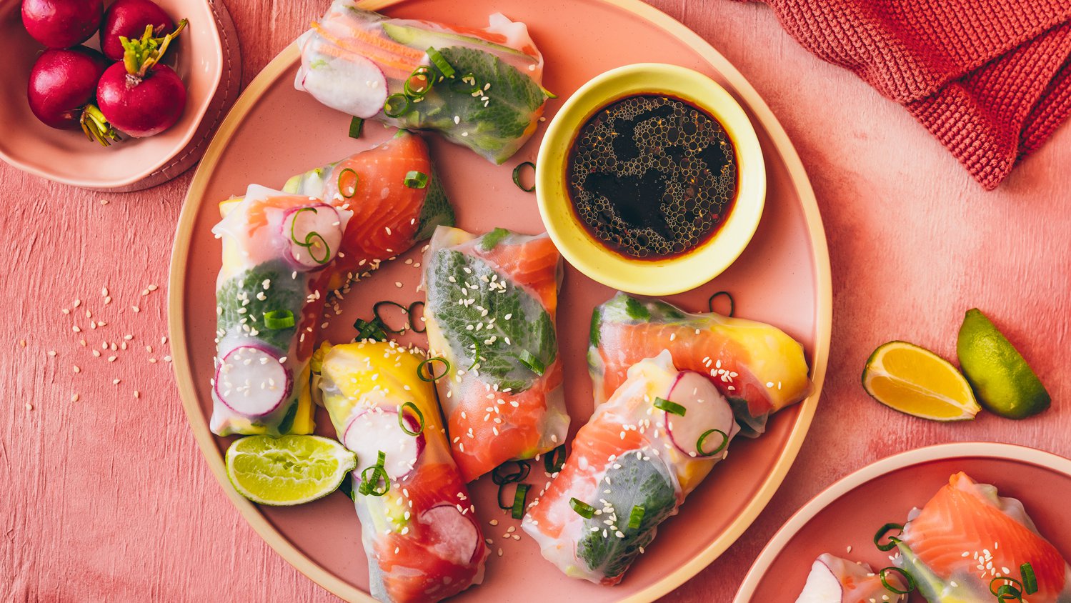 Salmon, mango and radish rice paper rolls