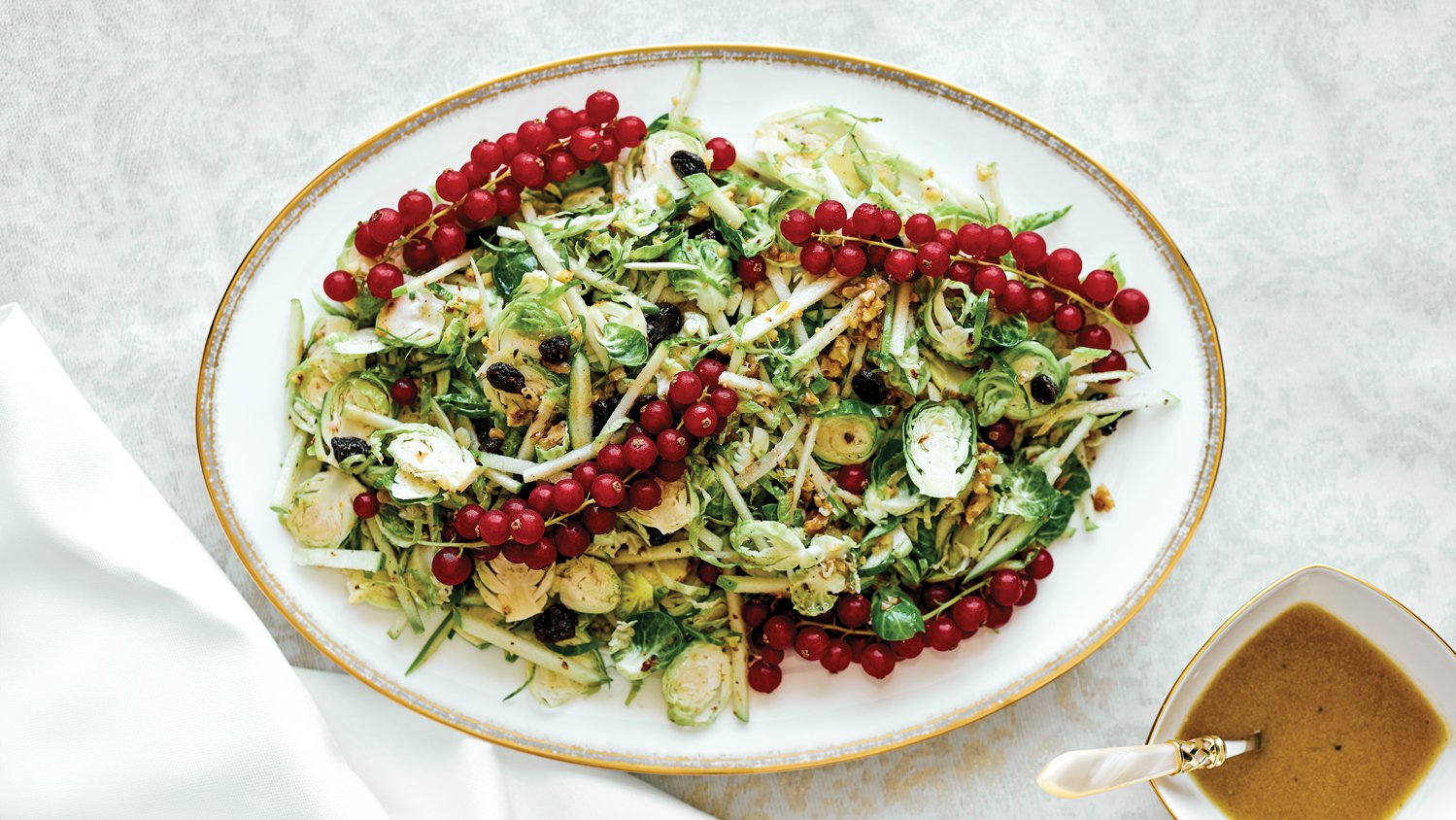 Shaved Brussels sprout and apple slaw with cranberry dressing