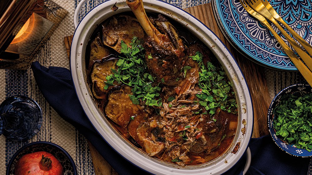 Slow-roasted pulled lamb shoulder with melting aubergine