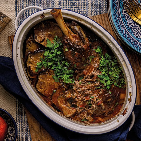 Slow-roasted pulled lamb shoulder with melting aubergine