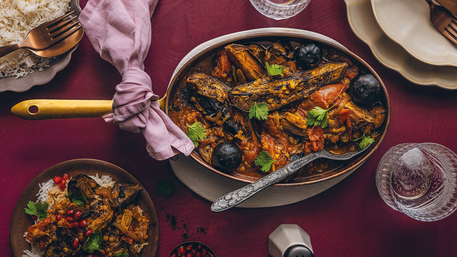 Smoked aubergine and black lime stew