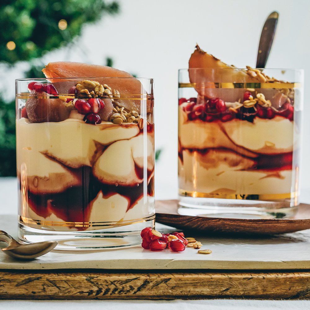 Spiced pomegranate poached pear and custard yoghurt parfaits