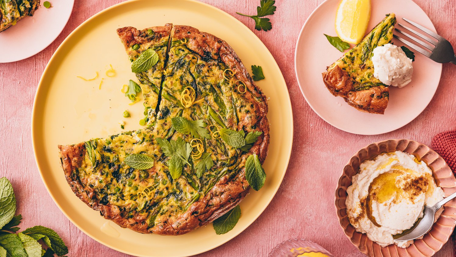 Spring greens frittata with cumin-spiced labneh