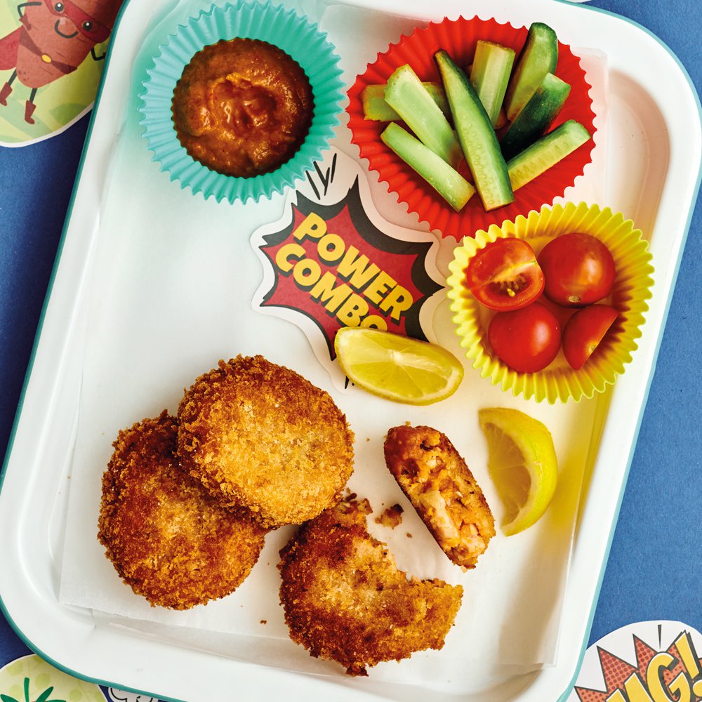 Superpower salmon sweet potato fishcakes with power-up ketchup