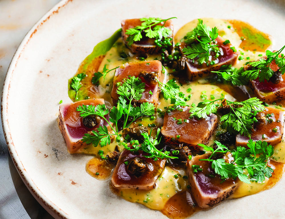 Seared tuno crudo with anchovy soy and brown butter béarnaise