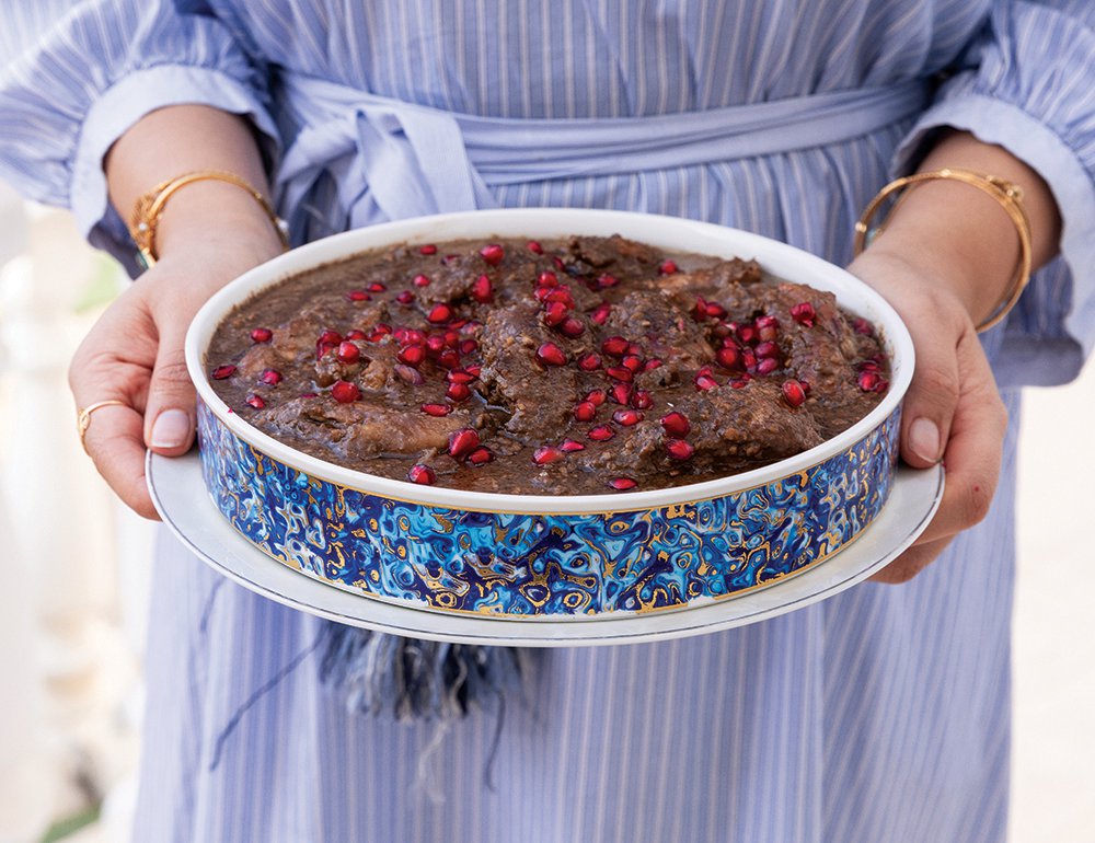 Ground cashews and pomegranate molasses add to the stew’s creamy texture and tart flavours