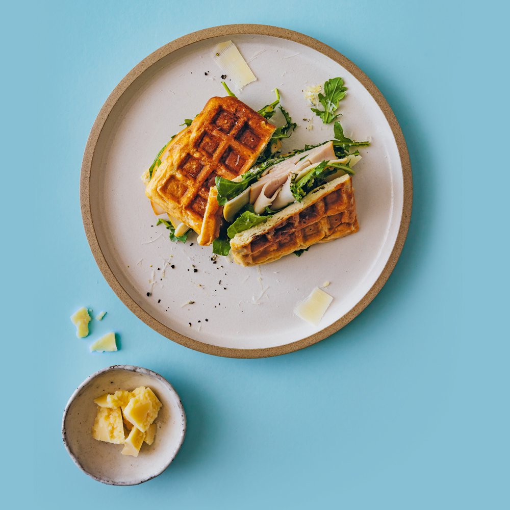 Turkey Parmigiano and cottage cheese waffle sandwich