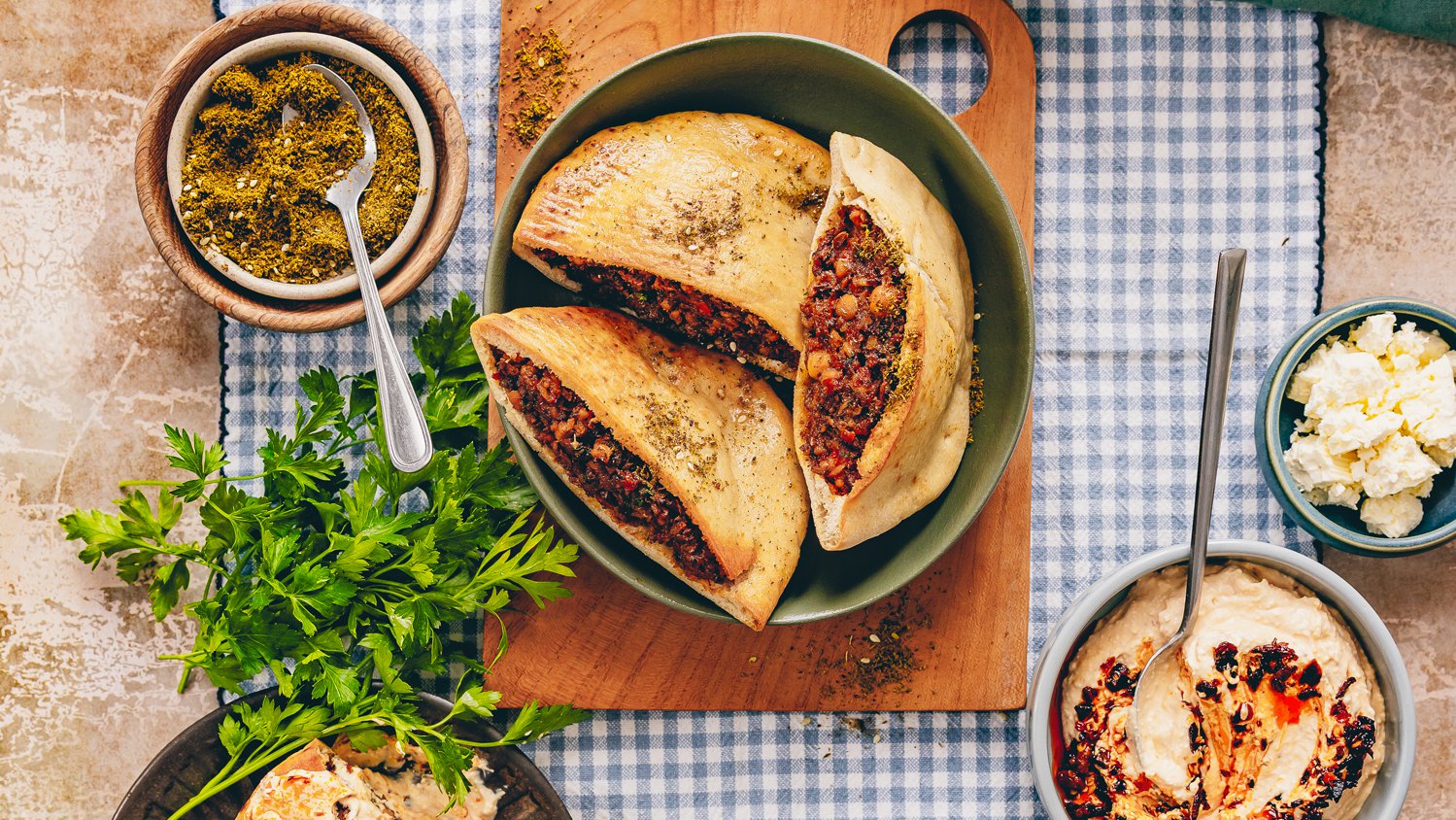 Vegetable arayes with whipped feta chilli crunch