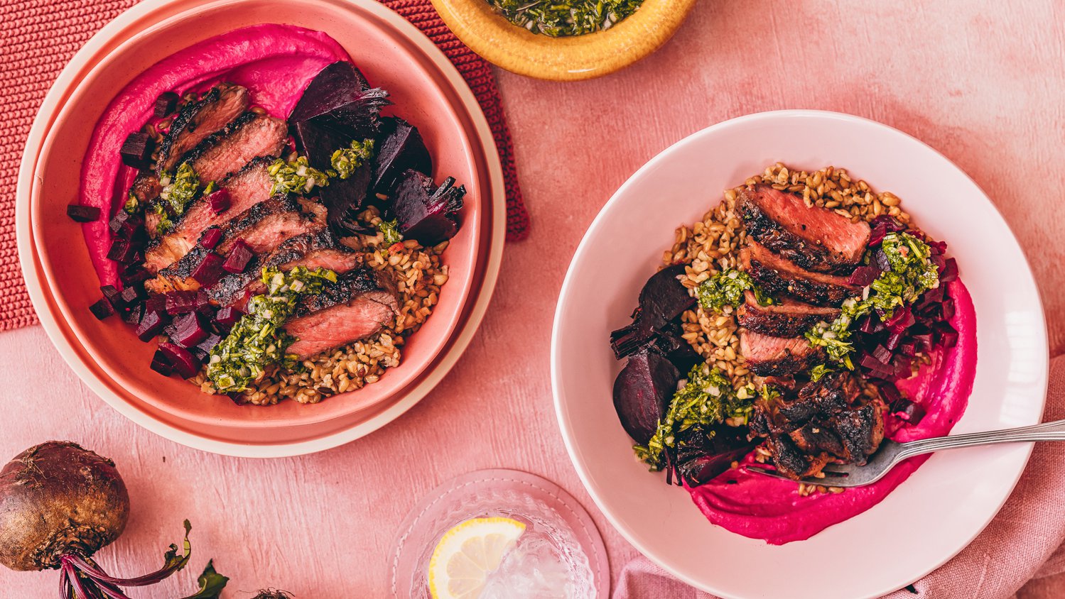 Warm freekeh steak bowl with beetroot three ways