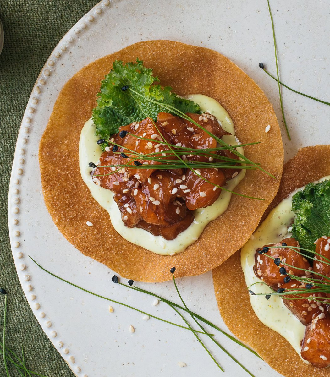 Wasabi mustard salmon tostada